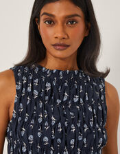 Deniz Sleeveless Smocked Floral Top, Blue (NAVY), large