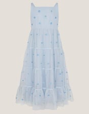 Thea Embroidered Back-Bow Tiered Dress, Blue (BLUE), large
