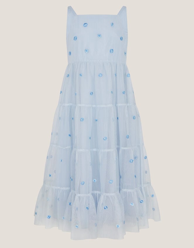 Thea Embroidered Back-Bow Tiered Dress, Blue (BLUE), large