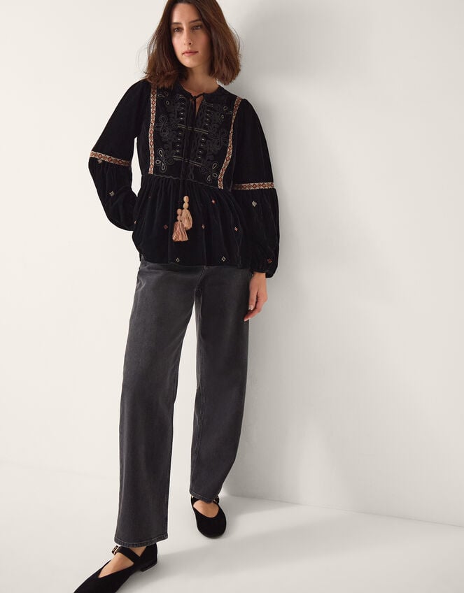 Noni Embroidered Velvet Long Sleeve Top , Black (BLACK), large