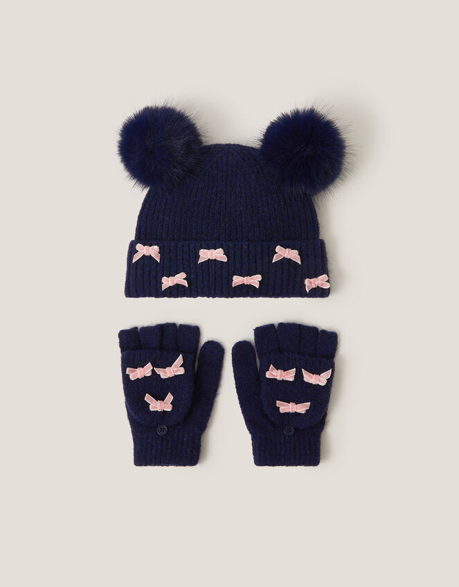 Bow Hat & Gloves Set, Blue (NAVY), large