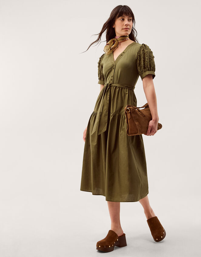 Fawn Appliqu&eacute; Puff Sleeve Midi Dress, Green (KHAKI), large