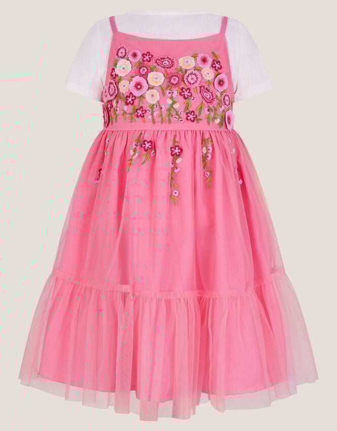 Floral Embroidered Tulle Dress and T-Shirt Set, Pink (PINK), large