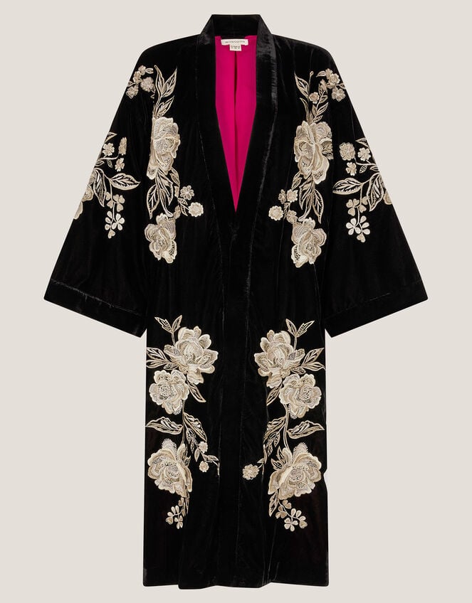 Fia Floral Embroidered Velvet Kimono, Black (BLACK), large