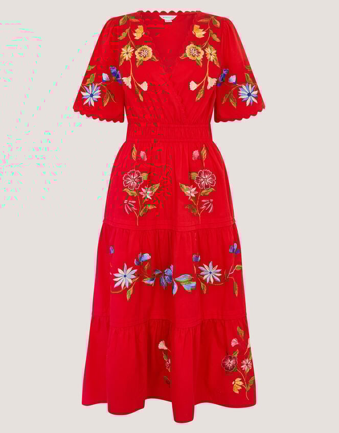 Emma Floral Embroidered Midi Dress, Red (RED), large