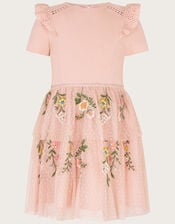 Short Sleeve Floral Embroidered Tulle Dress, Pink (PINK), large