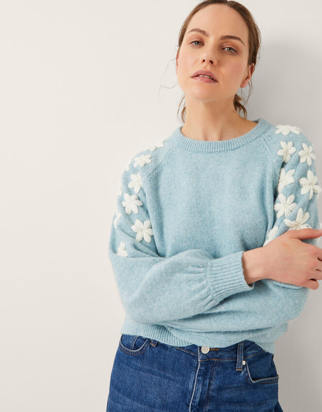 Eva Embroidered Sleeve Jumper, Blue (BLUE), large
