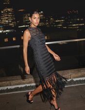 Dixie Embroidered Overlay Tassel Dress, Black (BLACK), large