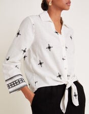 Eleanor Embroidered Tie Shirt, Ivory (IVORY), large