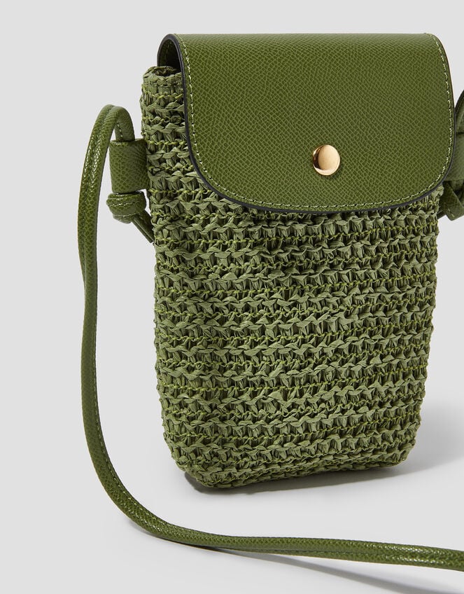 Rosie Raffia Phone Bag, Green (KHAKI), large