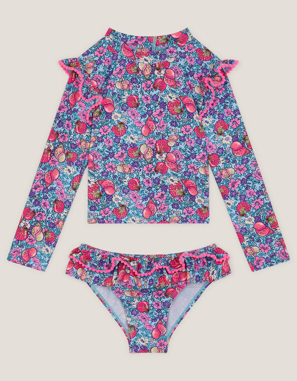 Floral Shell Print UPF50+ Long Sleeve Swim Set, Blue (BLUE), large