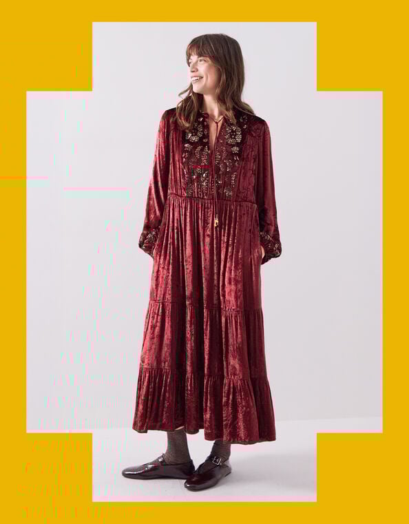East Brogan Sequin Velvet Tiered Maxi Dress, Red (BERRY), large