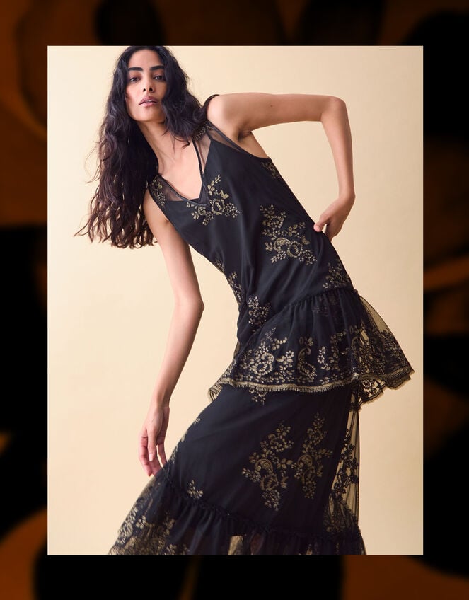 Clemence Isabelle Embroidered Tiered Midi Dress, Black (BLACK), large