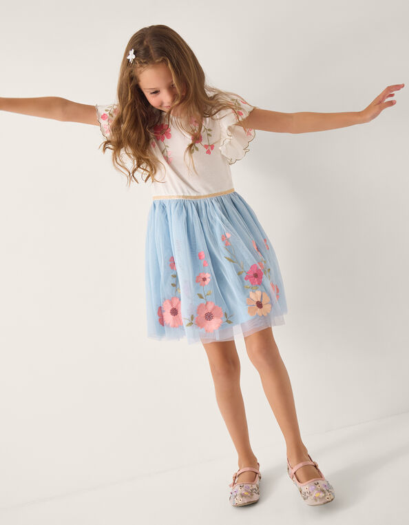 Embroidered Floral Tulle Disco Dress, Blue (BLUE), large