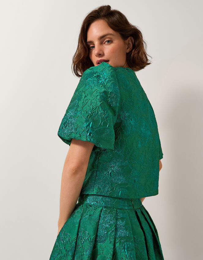 Jolene Floral Jacquard Puff Sleeve Jacket, Green (GREEN), large