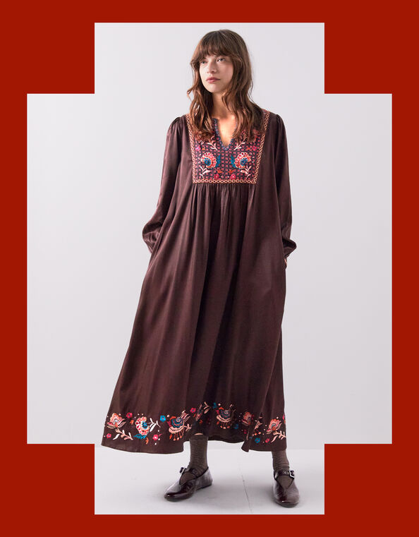 East Eliana Embroidered Long Sleeve Midi Dress, Brown (BROWN), large