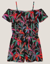 Neon Tropical Print Playsuit, Black (BLACK), large