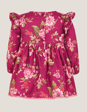 Floral Bow Long Sleeve Dress, Red (BURGUNDY), large