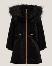 Faux Fur Hood Padded Coat, Black (BLACK), large