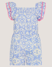 Batik Print Ruffle Playsuit , Blue (NAVY), large