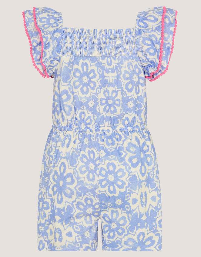 Batik Print Ruffle Playsuit , Blue (NAVY), large