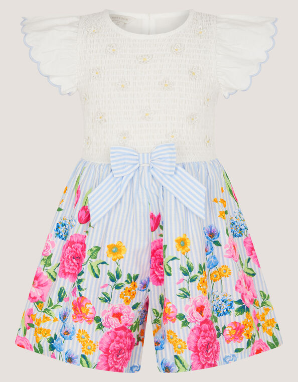 Floral Print Bow Shirred Playsuit, Blue (BLUE), large