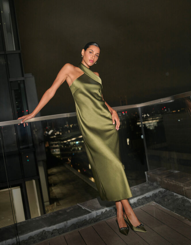 Jodie Halter Satin Maxi Dress, Green (KHAKI), large