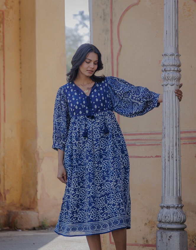 Dilli Grey Paisley Midi Dress, Blue (INDIGO), large