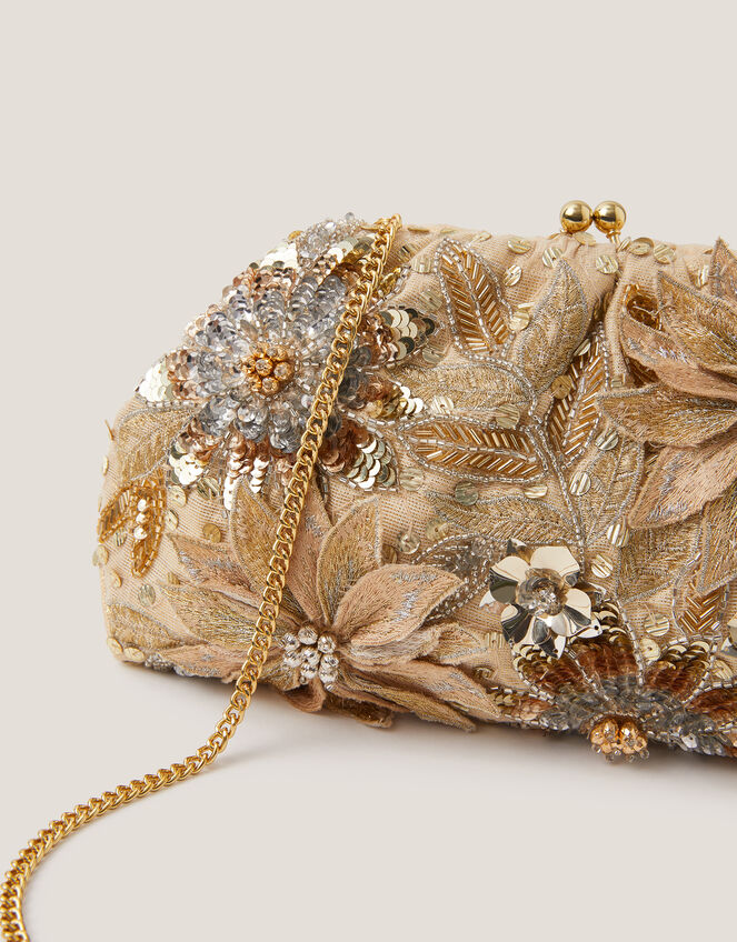 Bloom Floral Embellished Clutch Bag, Gold (GOLD), large