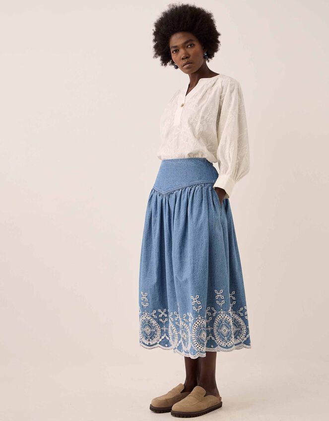 East Coralie Broderie Denim Midi Skirt, Blue (BLUE), large