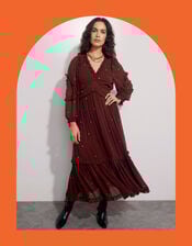 East Foil Polka Dot Ruffle Dress, Brown (BROWN), large