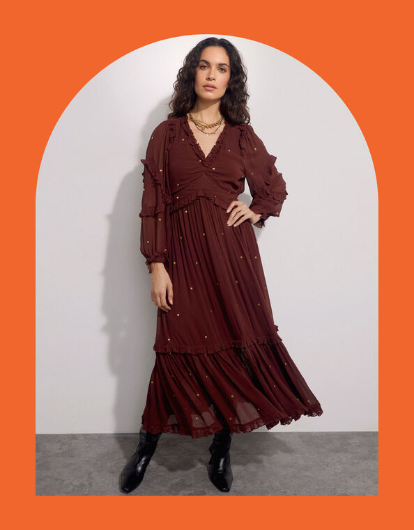 East Foil Polka Dot Ruffle Dress, Brown (BROWN), large