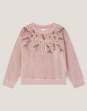 Bow Embellished Velour Sweatshirt, Purple (PURPLE), large