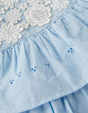 Baby Floral Broderie Puff Sleeve Tiered Dress, Blue (BLUE), large