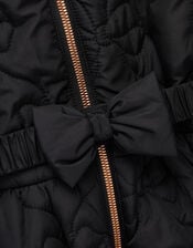 Faux Fur Hooded Bow Quilted Coat, Black (BLACK), large