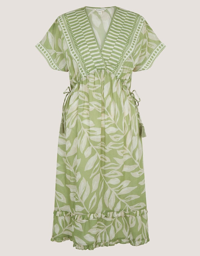 Lillie V-Neck Leaf Print Midi Dress, Green (GREEN), large