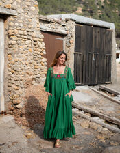 La Galeria Elefante Silver Embroidered Square Neck Maxi Dress, Green (GREEN), large