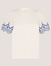 Bree Broderie Sleeve Jersey T-Shirt, White (WHITE), large