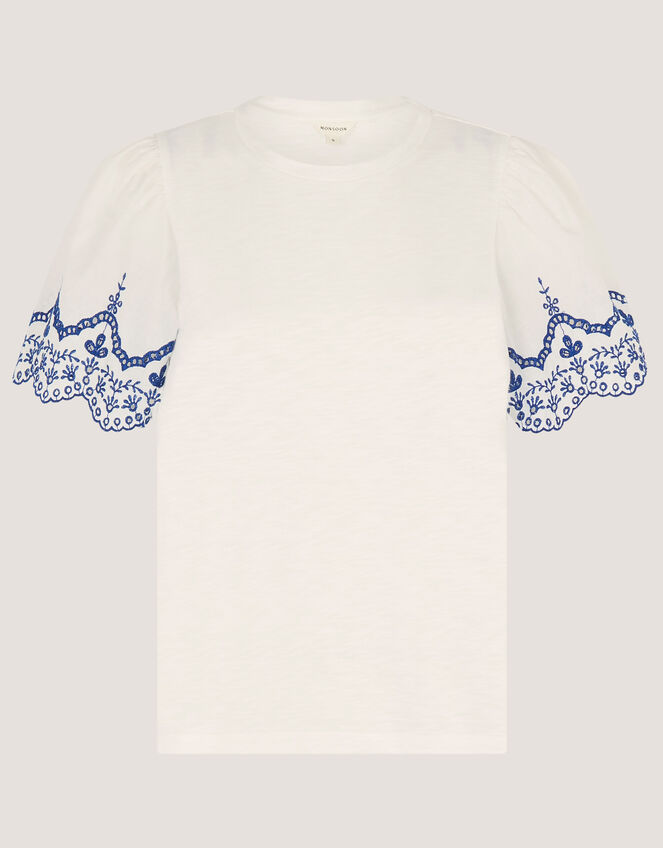 Bree Broderie Sleeve Jersey T-Shirt, White (WHITE), large