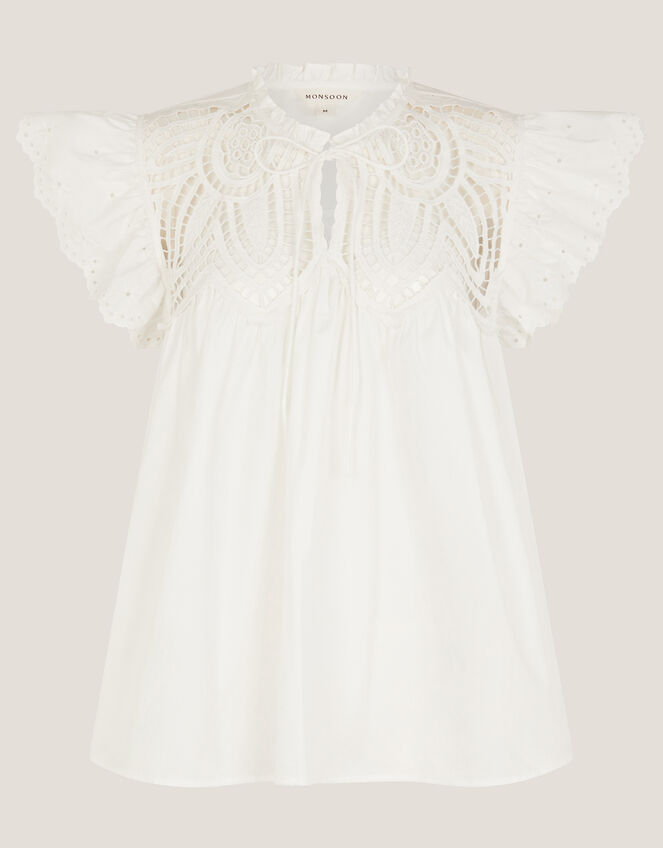 Zadie Broderie Frill Top, White (WHITE), large
