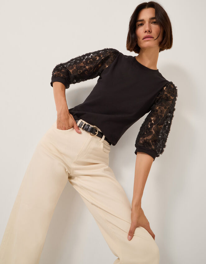 Flavia Sheer Appliqué Sleeve Jersey Top, Black (BLACK), large