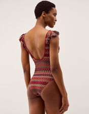 Zaria Plunge Knit Ruffle Swimsuit, Red (BURGUNDY), large