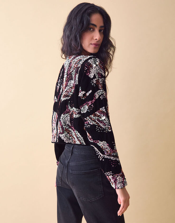 Clemence Rosalie Cropped Sequin Velvet Jacket, Black (BLACK), large