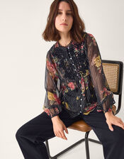 Azami Shimmer Stripe Floral Blouse, Black (BLACK), large