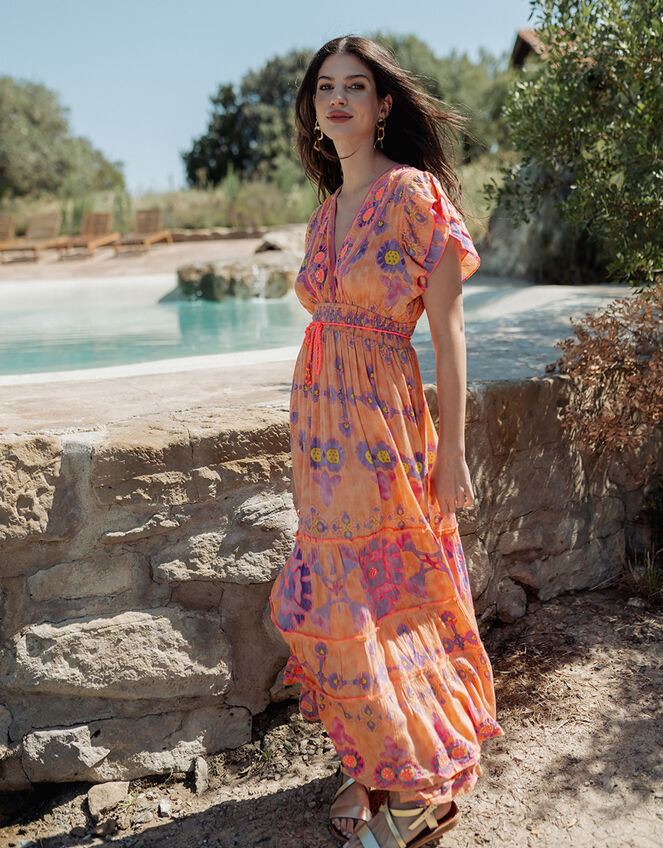 Piti Cuiti Flutter Floral Print Maxi Dress, Orange (ORANGE), large