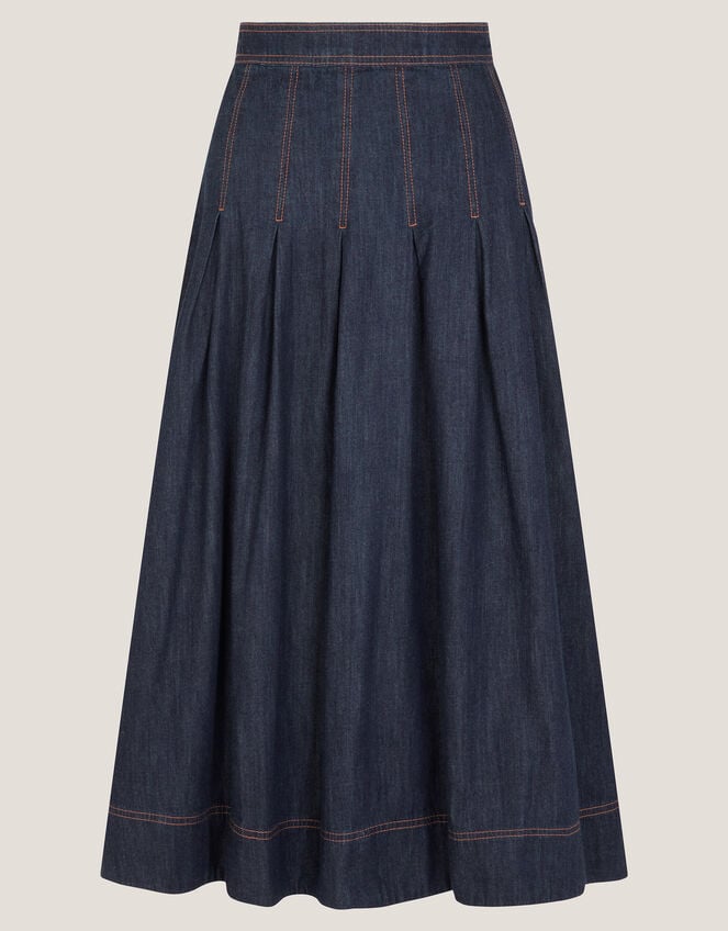Darcie Pleated Denim Midi Skirt, Blue (INDIGO), large