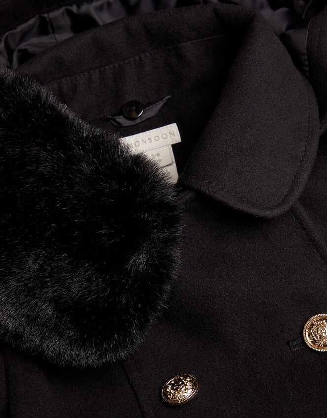 Faux Fur Collar Double-Breasted Coat, Black (BLACK), large
