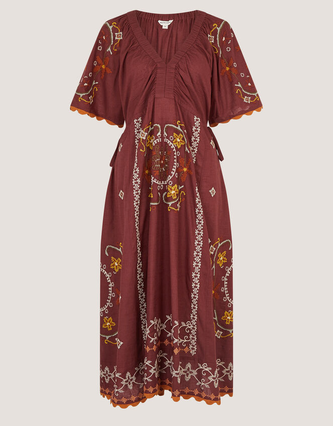 Greta Short Sleeve Embroidered Midi Dress, Brown (BROWN), large