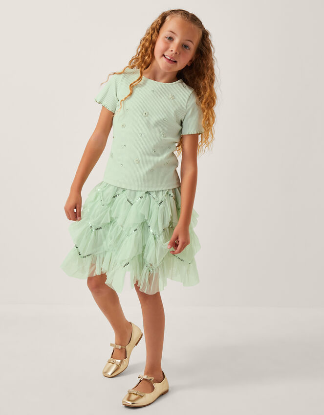 Embellished T-Shirt & Ruffle Skirt Set, Green (GREEN), large