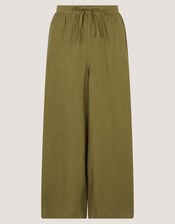 Maisie Linen Blend Cropped Wide Leg Trousers, Green (KHAKI), large